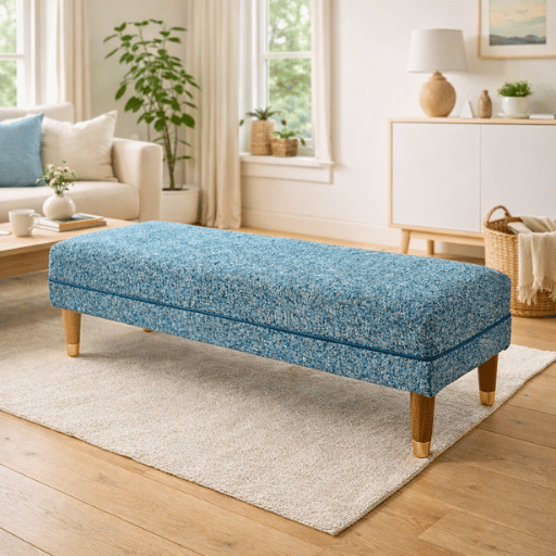 Moderne ottoman voetenbank in Scandinavische stijl. Luxe gestoffeerde zitbank met houten poten. Perfect als voetenbank, halbank of bank voor het voeteneinde van een bed.