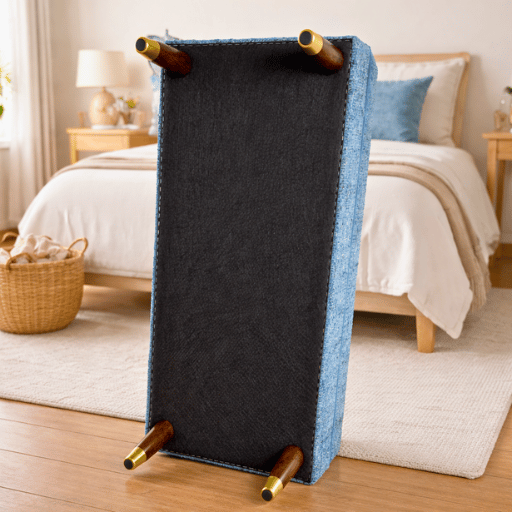 Moderne ottoman voetenbank in Scandinavische stijl. Luxe gestoffeerde zitbank met houten poten. Perfect als voetenbank, halbank of bank voor het voeteneinde van een bed.