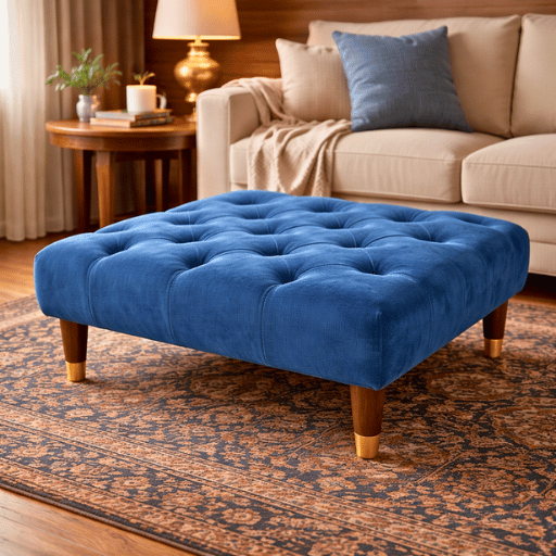 Luxe capitonné ottoman hocker in diepe blauwe kleur met houten poten. Perfect als voetenbank, extra zitplaats of stijlvolle blikvanger in de woonkamer.