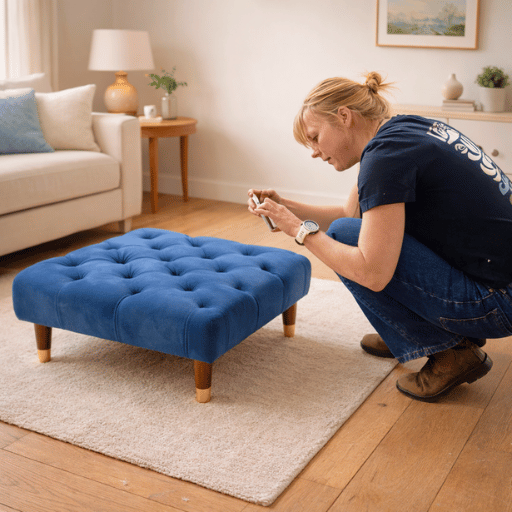 Luxe capitonné ottoman hocker in diepe blauwe kleur met houten poten. Perfect als voetenbank, extra zitplaats of stijlvolle blikvanger in de woonkamer.