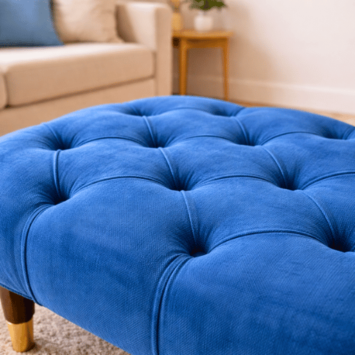 Luxe capitonné ottoman hocker in diepe blauwe kleur met houten poten. Perfect als voetenbank, extra zitplaats of stijlvolle blikvanger in de woonkamer.