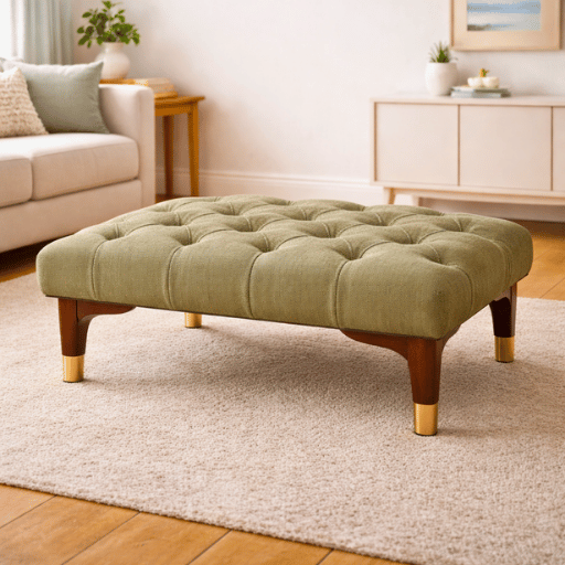 Luxe capitonné ottoman hocker met houten poten en messing details. Perfect als voetenbank, extra zitplaats of stijlvolle blikvanger in woonkamer of veranda.