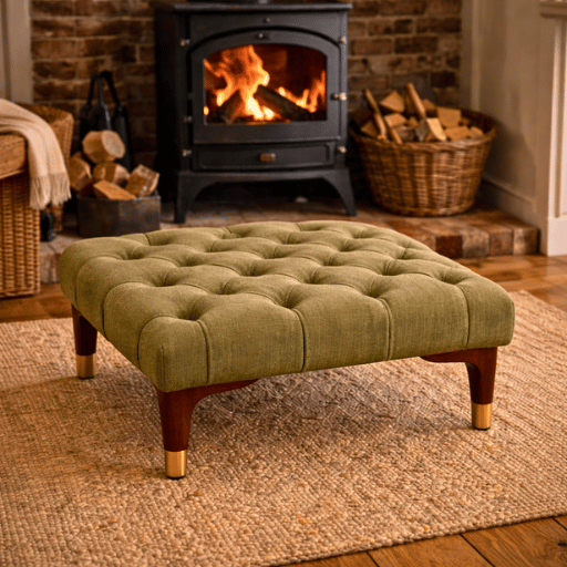 Luxe capitonné ottoman hocker in diepe blauwe kleur met houten poten. Perfect als voetenbank, extra zitplaats of stijlvolle blikvanger in de woonkamer.