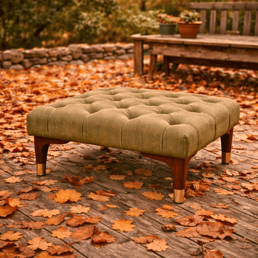 Luxe capitonné ottoman hocker met houten poten en messing details. Perfect als voetenbank, extra zitplaats of stijlvolle blikvanger in woonkamer of veranda.