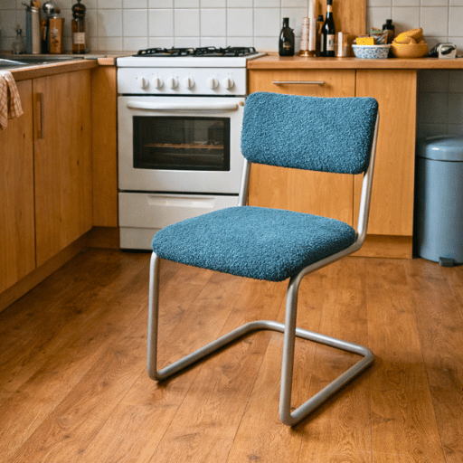Gerestaureerde eetkamerstoel met metalen buisframe. Volledig gestript, voorzien van nieuwe vulling en professioneel opnieuw gestoffeerd. Perfect voor keuken of eetkamer.