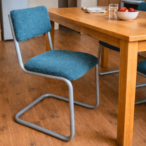 Gerestaureerde eetkamerstoel met metalen buisframe. Volledig gestript, voorzien van nieuwe vulling en professioneel opnieuw gestoffeerd. Perfect voor keuken of eetkamer.