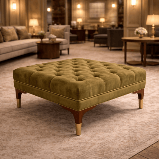 Luxe capitonné ottoman met olijfgroene stoffering en houten poten. Stijlvolle voetenbank met tijdloze uitstraling en hoog comfort.
