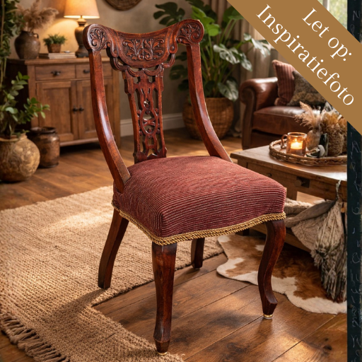 Unieke country western stoel met nieuwe stoffering en sierbies. Antiek houten frame, volledig gerestaureerd en klaar voor gebruik.