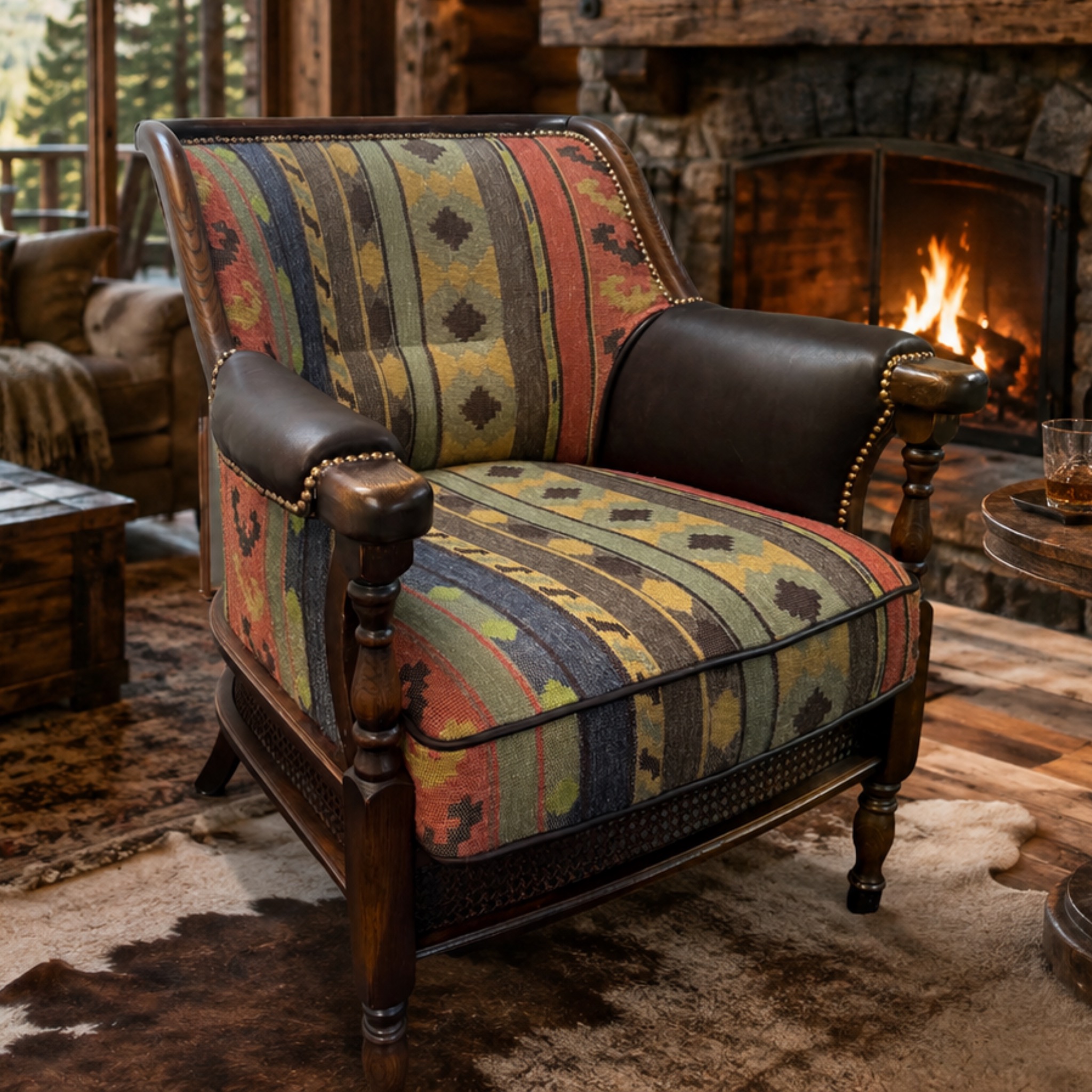 Unieke country western fauteuil met zeldzame Native American stof en leren afwerking. Handgemaakt, karaktervol en bijna niet te vinden in Europa.