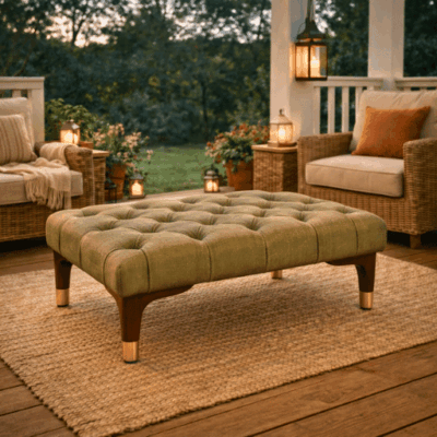 Luxe capitonné ottoman hocker met houten poten en messing details. Perfect als voetenbank, extra zitplaats of stijlvolle blikvanger in woonkamer of veranda.